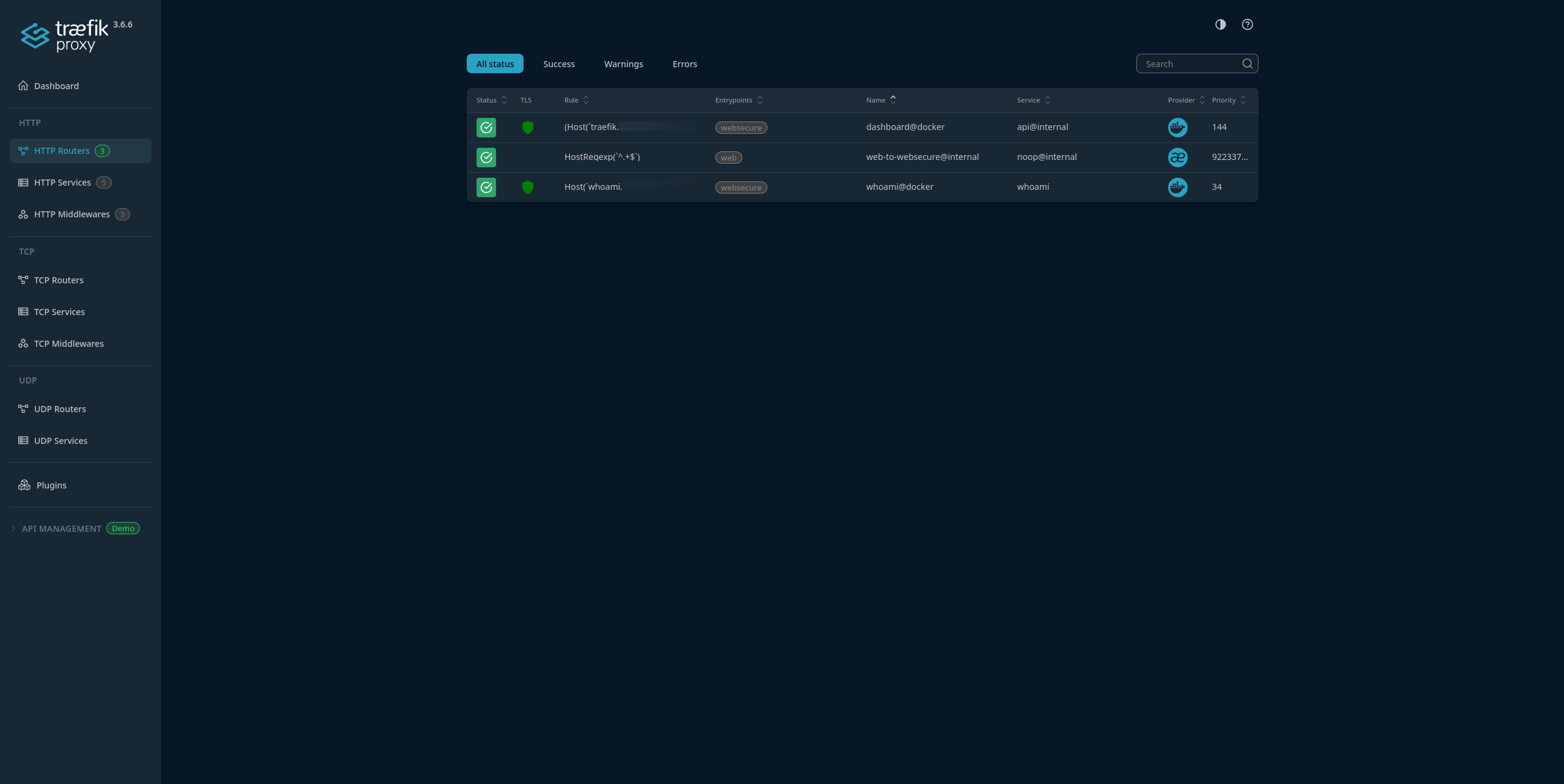 Routers showing the routes created by Traefik