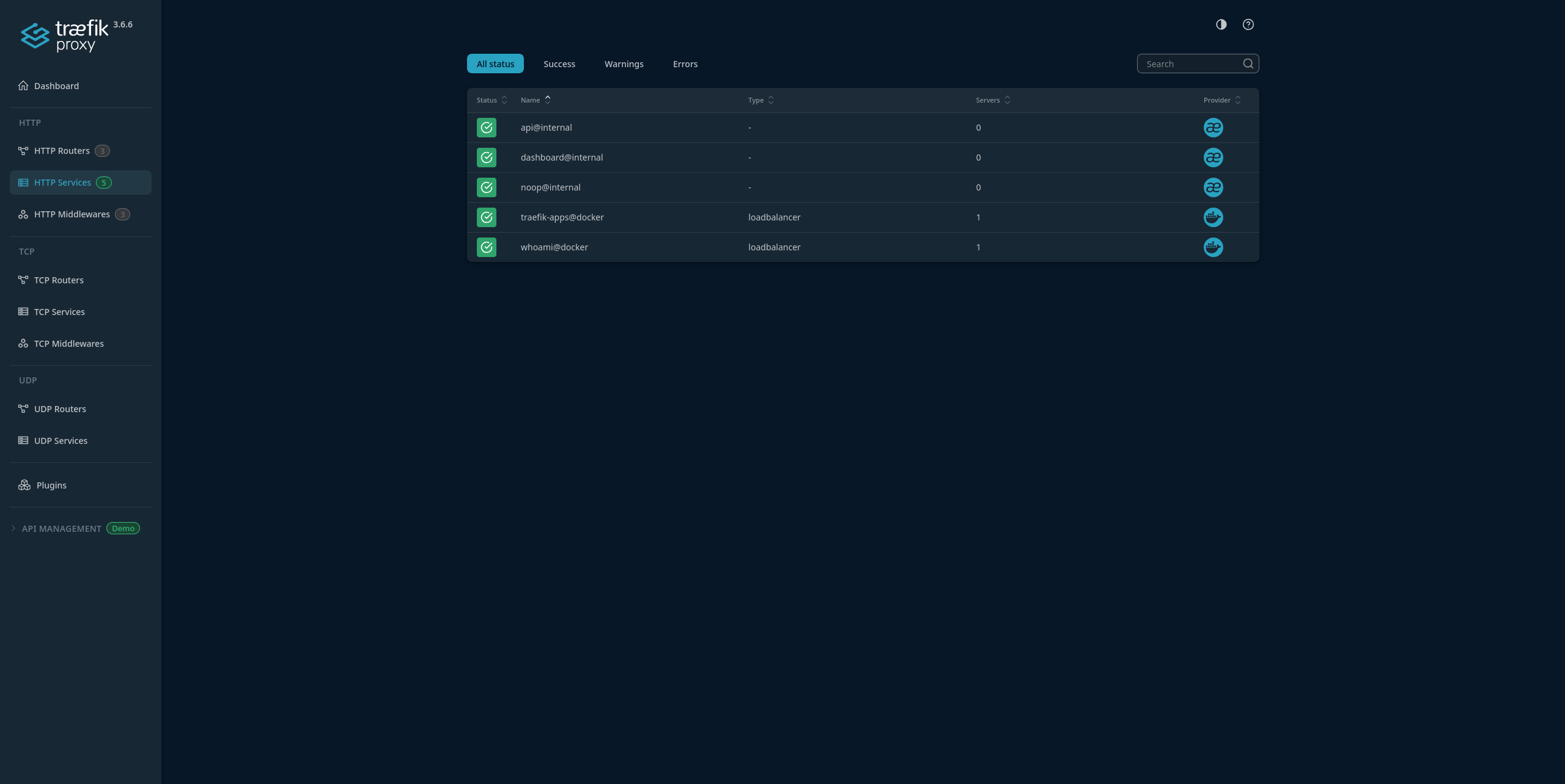 Services showing the Whoami container